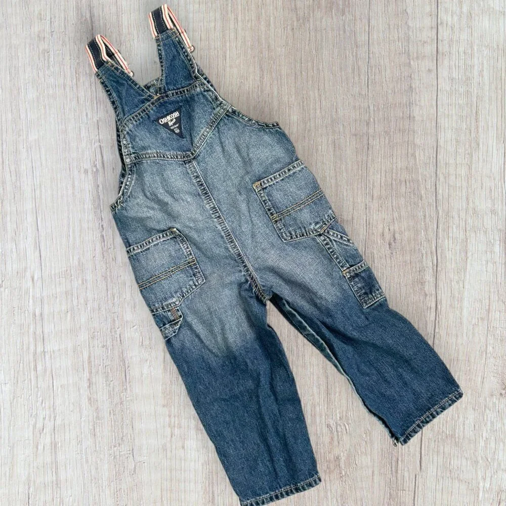 OSHKOSH B'GOSH Vestbak Red White Blue Denim Overalls 18-24 Months